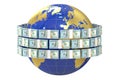 Global remittance concept, dollars around the world