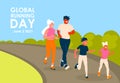 Global Running Day. Happy family running in the park. Father, Mother, Son and Daughter leads an active and healthy Royalty Free Stock Photo