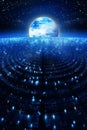 Global satellite communication showing big data being transmitted across the world while using the internet
