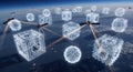 Global Satellite Network Connecting Digital Data Cubes in Space, Futuristic Connectivity Royalty Free Stock Photo