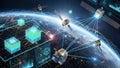 Global Satellite Network Connecting Earth Orbit With Data Cubes And Digital Interfaces Showing Communication Royalty Free Stock Photo