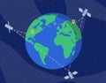 Global satellite network flat vector illustration. International communication technology, wireless information transfer