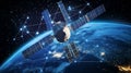 Global satellite and space communications network around the earth for internet, 5G cellular data connections