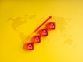 Global scam growth concept with red alert icon cubes and upward arrow on world map yellow background. Symbolizing rise of Royalty Free Stock Photo