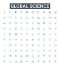 Global science vector line icons set. Global, Science, World, Geoscience, Physics, Chemistry, Biology illustration