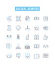 Global science vector line icons set. Global, Science, World, Geoscience, Physics, Chemistry, Biology illustration