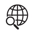 Global search icon. Magnifier and globe icon, search for a place on a map or on the globe sign.