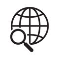 Global search icon. Magnifier and globe icon, search for a place on a map or on the globe sign.