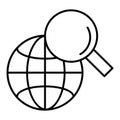 Global search thin line icon. Magnifying glass and globe vector illustration isolated on white. Searching outline style