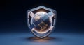 Global security concept featuring a digital shield protecting a glowing Earth with visible city lights on a dark background. Royalty Free Stock Photo