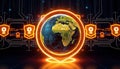 Global security concept. Glowing globe surrounded by digital shields. Cyber background. Shows global protection of data,