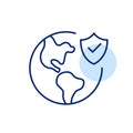 Global security, verified access. Earth, shield and checkmark. Pixel perfect, editable stroke icon