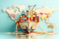 Global shipping: container ship with colorful cargo on world map background Royalty Free Stock Photo