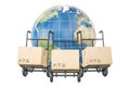 Global shipping and delivery concept, parcels on the hand trucks