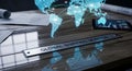 Global Shipping Network Visualization Abstract Digital Art on Wooden Desk with Blue Glowing World Map and Data Display on Royalty Free Stock Photo