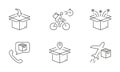 Global Shipping Outline Symbol. Bike Delivery Service Line Icon Set. Parcel Box, Air Transportation Linear Pictogram