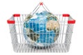 Global shopping concept. Metallic shopping basket with Earth Globe, 3D rendering Royalty Free Stock Photo