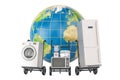 Global shopping and delivery of household kitchen appliances, 3D rendering