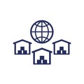 Global sourcing icon with warehouses