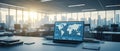 Global Strategy Hub: Laptop with World Map Data in a Sunlit Skyscraper Office Royalty Free Stock Photo