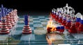 EUA vs RÃºssia no Xadrez: Rei Americano Enfrenta PeÃ§a Russa em Chamas Royalty Free Stock Photo
