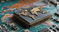 Global supply chain semiconductor crisis showing world map on computer chip cpu processor with circuit board background Royalty Free Stock Photo