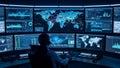 Global surveillance command center with map and data control Royalty Free Stock Photo