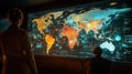Global surveillance, two figures observing a large interactive world map with data overlays