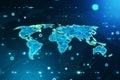 Global synchronization, globalization, and hi-tech concept with digital blue pixel world map with yellow contour on dark