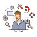 Global technical support vector concept design with man support operator. Outline flat illustration. Royalty Free Stock Photo