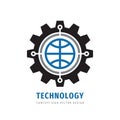 Global technology gear concept business logo template design. Globe world and cogwheel mechanic sign. Computer network SEO icon. Royalty Free Stock Photo