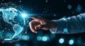 Global Technology Innovation with Man Touching Digital Earth Globe Connection and Data Visualization Royalty Free Stock Photo