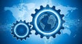 Global technology network with gears and world map Royalty Free Stock Photo