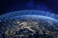 Global telecommunication network above Europe viewed from space. Internet connection and satellite communication technology around