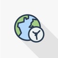 Global time, clock and planet Earth thin line flat color icon. Linear vector symbol. Colorful long shadow design.