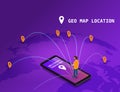 Global tracking system Delivery service online isometric design with smartphone, user man, markers, boxes on map Earth