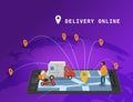 Global tracking system Delivery service online isometric design with smartphone, user man, markers, truck, scooter on