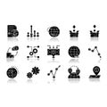 Global trade drop shadow black glyph icons set. World economics, investment and income. Export and import, business