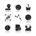 Global trade, export and investments drop shadow black glyph icons set. Taxes and non-tariff barriers, international