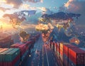 Global trade route with shipping containers and illuminated world map Royalty Free Stock Photo