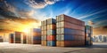 Global trade sunset cargo containers stacked high on a concrete dockside platform. Generative AI Royalty Free Stock Photo