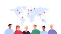Global travel, business and news concept. Vector flat character illustration. Multiethnic group of people on world map with red
