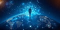 A Global Traveler Connected via Digital Network, Walking on Globe, Embracing Modern Technology Royalty Free Stock Photo