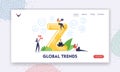 Global Trends Landing Page Template. Characters with Gen Z Virtual Communication. Tiny People with Smartphones