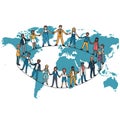 Global unity concept with diverse group holding hands around the world map emphasizing Royalty Free Stock Photo