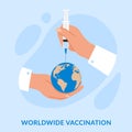 Global vaccination. Worldwide fight against coronavirus. Doctor vaccinates people. Hands hold globe and makes