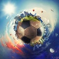 Global view of soccer world. football ball as a planet