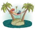 Global village cartoon with satisfied teenager on deserted island Royalty Free Stock Photo