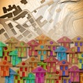 Global village made of wooden houses - concept image with an imaginary cadastral map on background Royalty Free Stock Photo