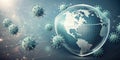 Global viral outbreak visualization microscopic organisms surrounding a fragile world. Generative AI Royalty Free Stock Photo